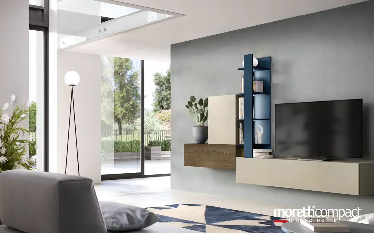 Soggiorno Kosmos KF101 Moretti Compact con libreria verticale blu e moduli argilla sotto la TV