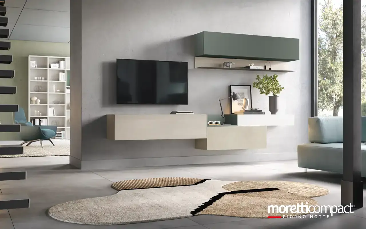 Soggiorno Kosmos KF102 Moretti Compact sospeso con pensile verde muschio e basi chiare