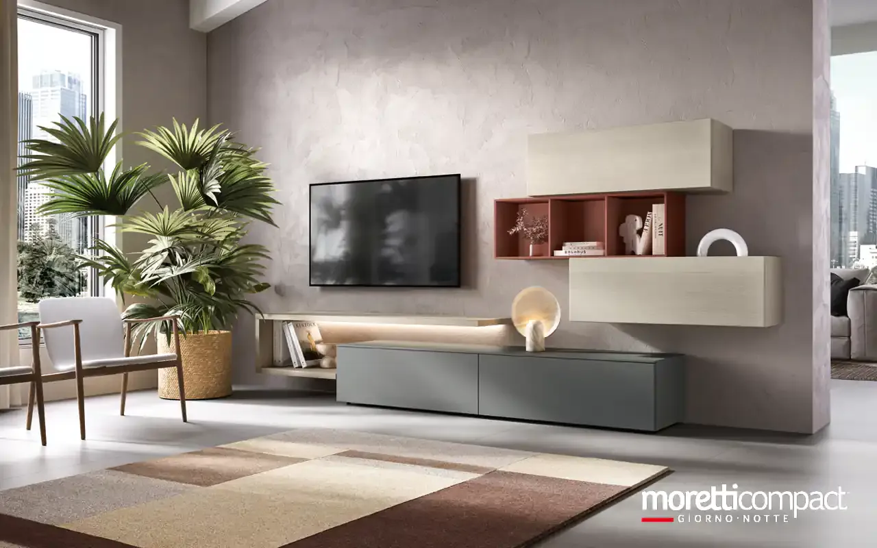 Soggiorno Kosmos KF104 Moretti Compact con base grigia scura, pensili chiari e vano porpora
