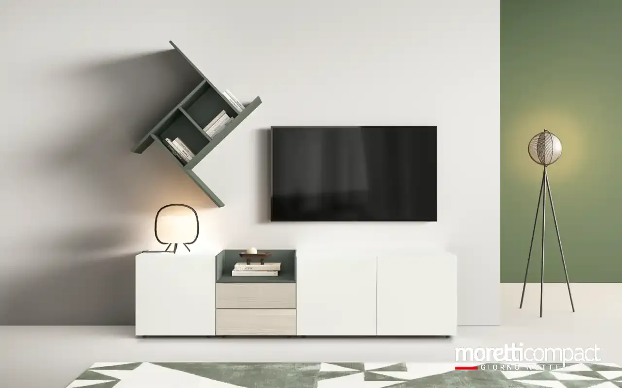 Soggiorno Kosmos KF105 Moretti Compact con pensile obliquo verde e base bianca a cassetti