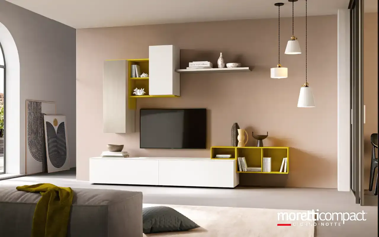 Soggiorno Kosmos KF106 Moretti Compact bianco con vani a giorno gialli e mensola sopra la TV