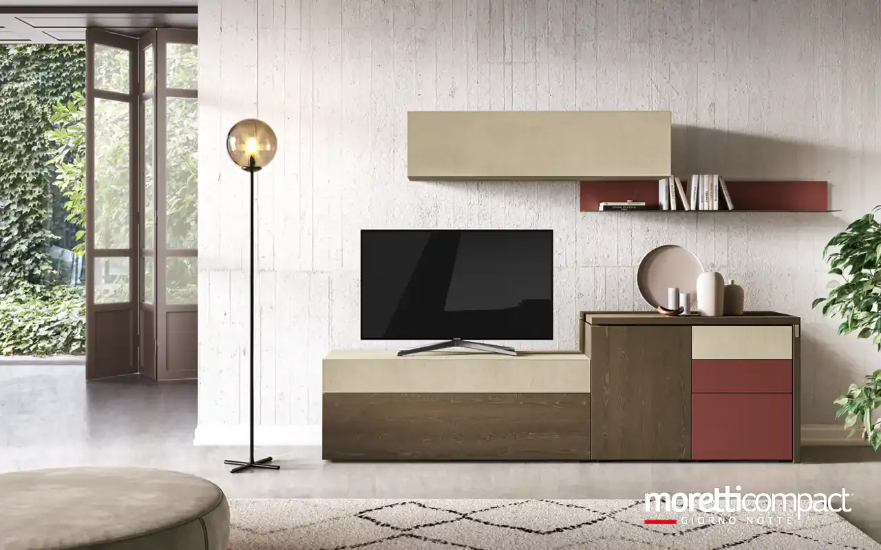 Soggiorno Kosmos KF107 Moretti Compact con base in rovere, mobile porpora e pensile argilla