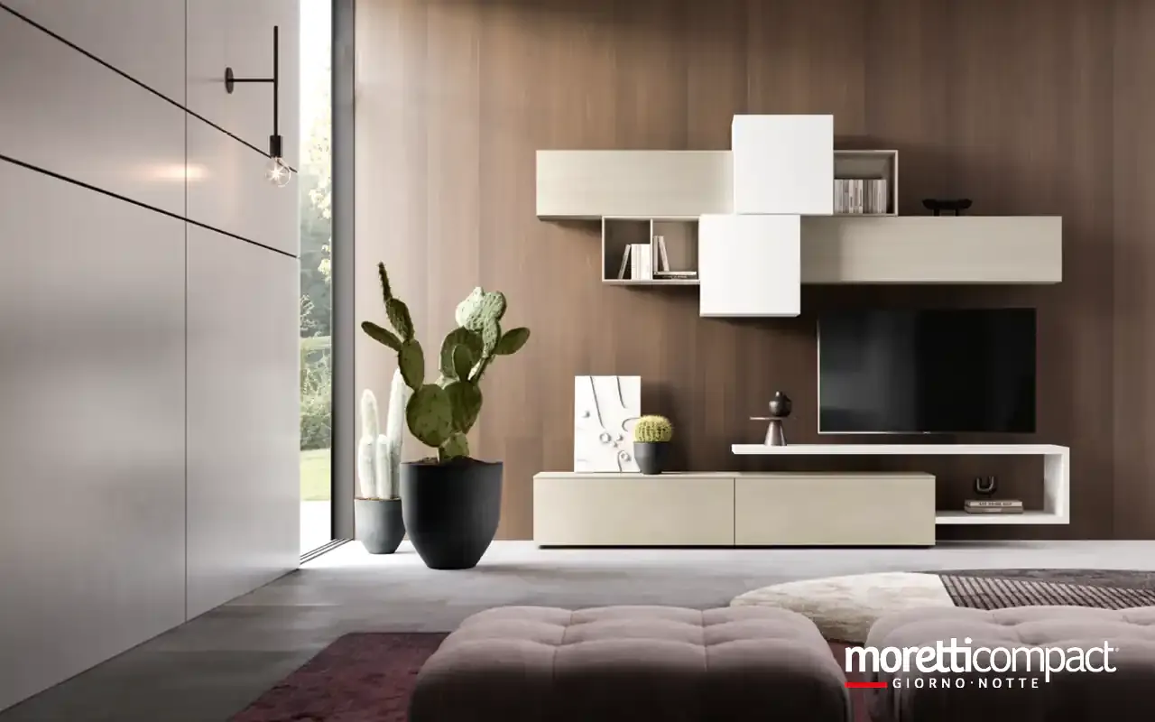 Soggiorno Kosmos KF108 Moretti Compact con pensili perla e cubo bianco sovrapposti