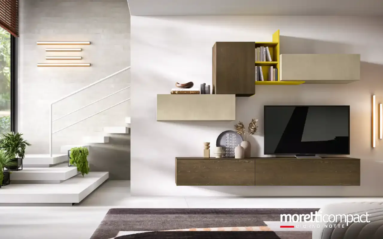 Soggiorno Kosmos KF110 Moretti Compact con pensili in rovere e argilla e vano a giorno giallo