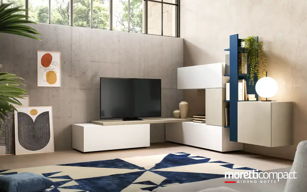 Soggiorno ad angolo Kosmos KF114 Moretti Compact con basi bianche e libreria verticale blu