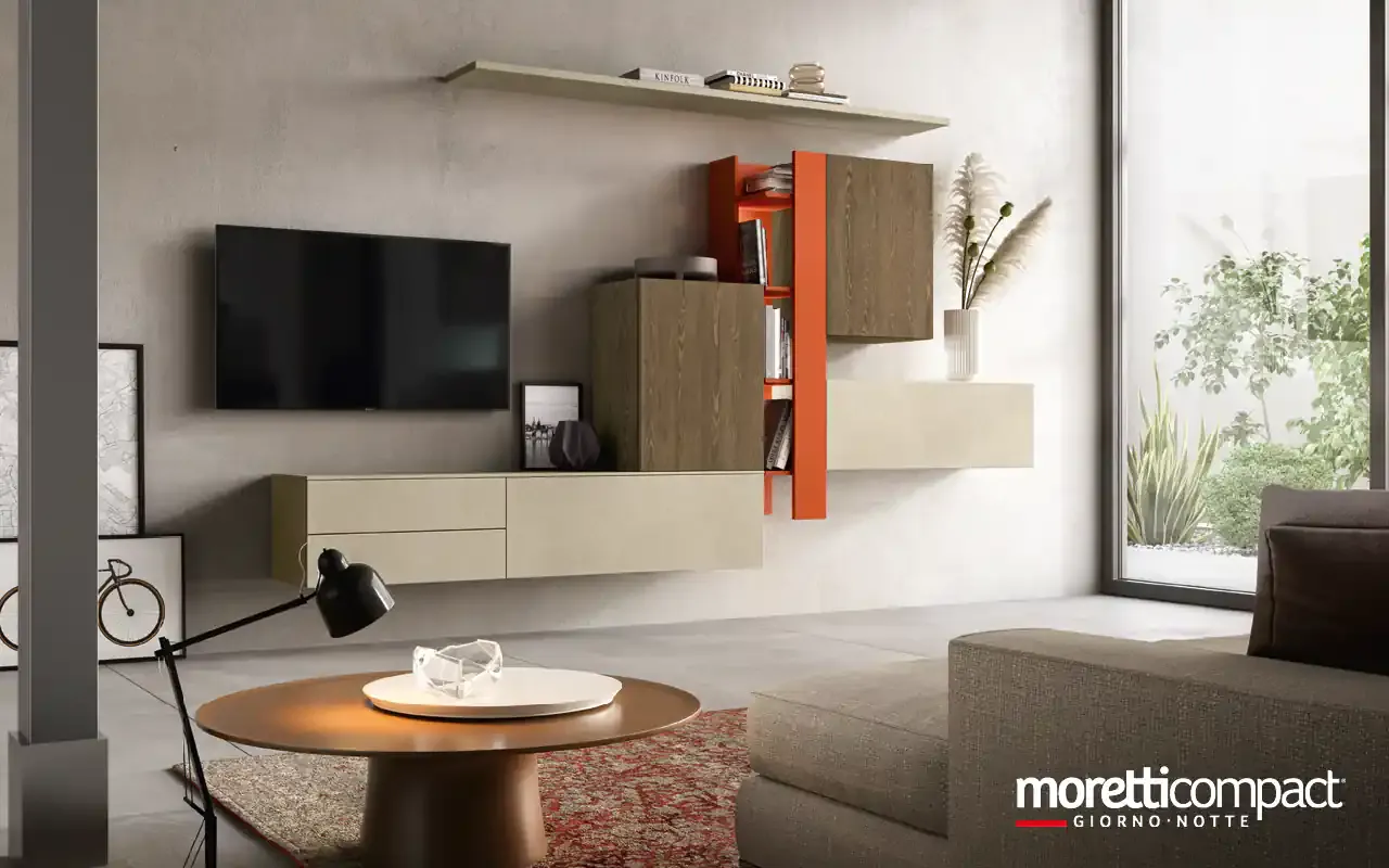 Soggiorno Kosmos KF115 Moretti Compact con pensili in rovere e modulo a giorno corallo