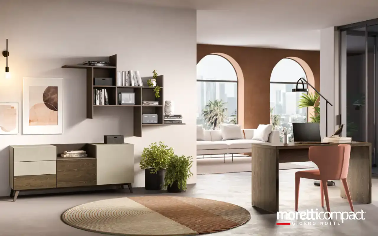 Composizione Kosmos KF117 Moretti Compact con madia in rovere, libreria pensile e scrivania