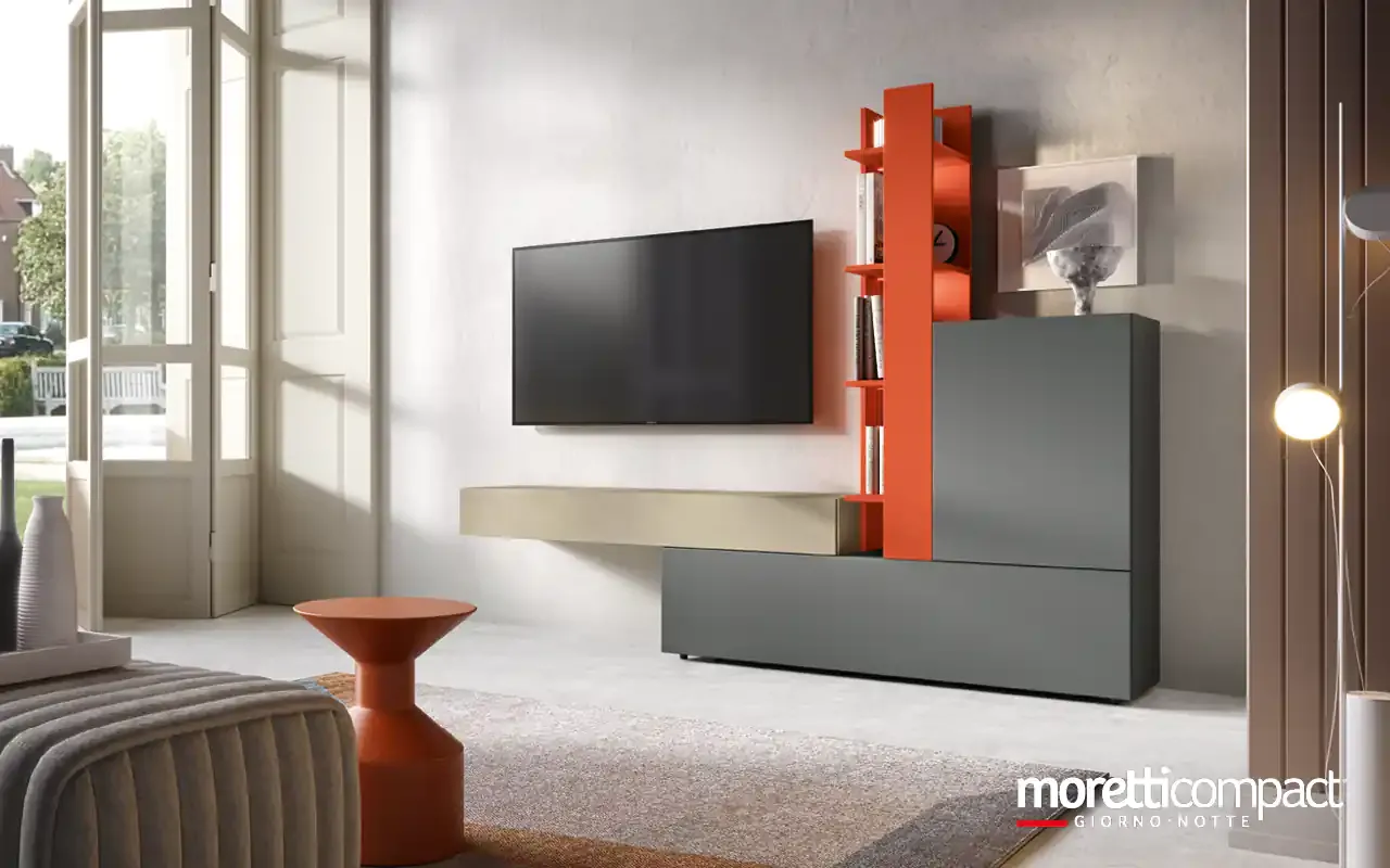 Soggiorno Kosmos KF118 Moretti Compact con libreria verticale corallo e contenitore ardesia
