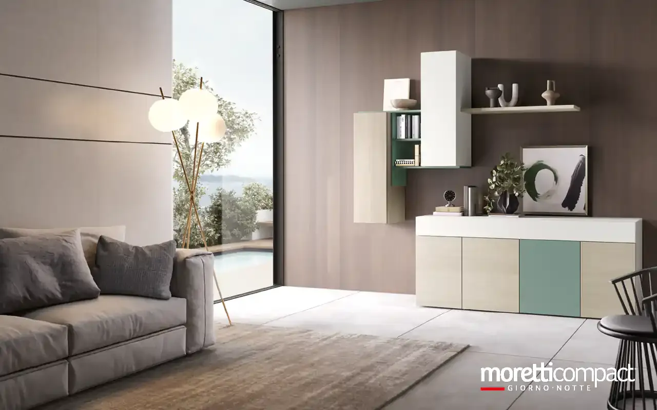 Soggiorno Kosmos KF120 Moretti Compact con madia salvia a tavolo estraibile e pensili sospesi
