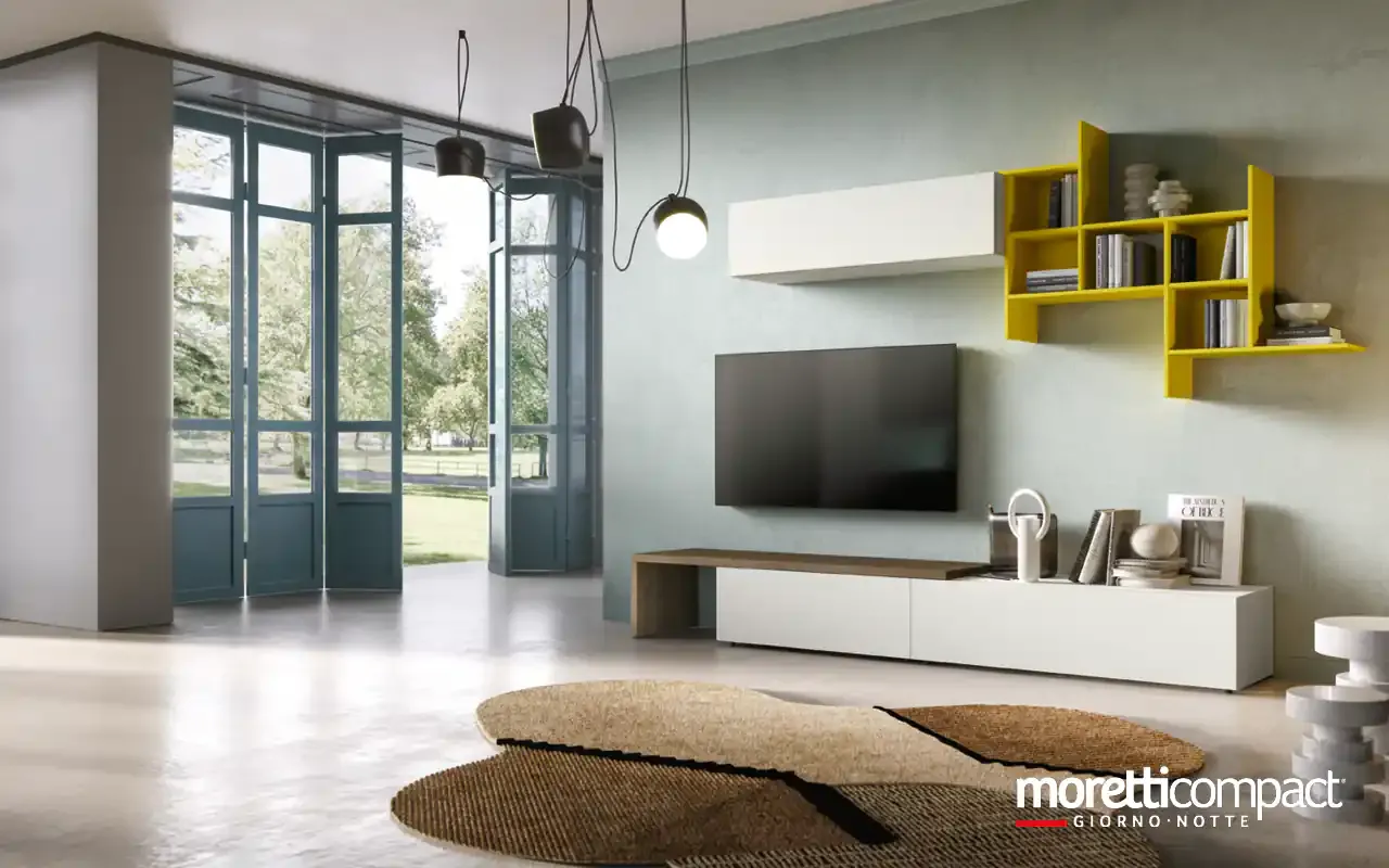 Soggiorno Kosmos KF121 Moretti Compact con libreria pensile gialla e base bianca