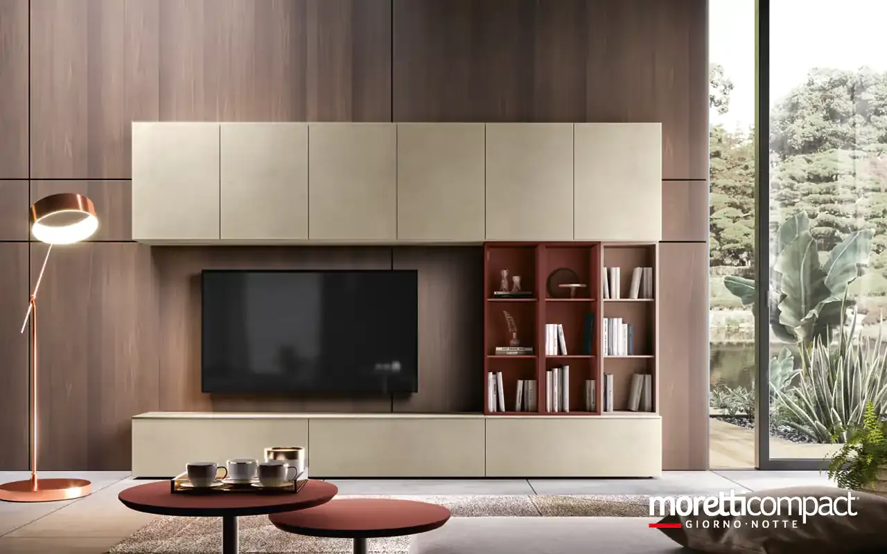 Soggiorno Kosmos KF122 Moretti Compact con pensili argilla e libreria a giorno porpora