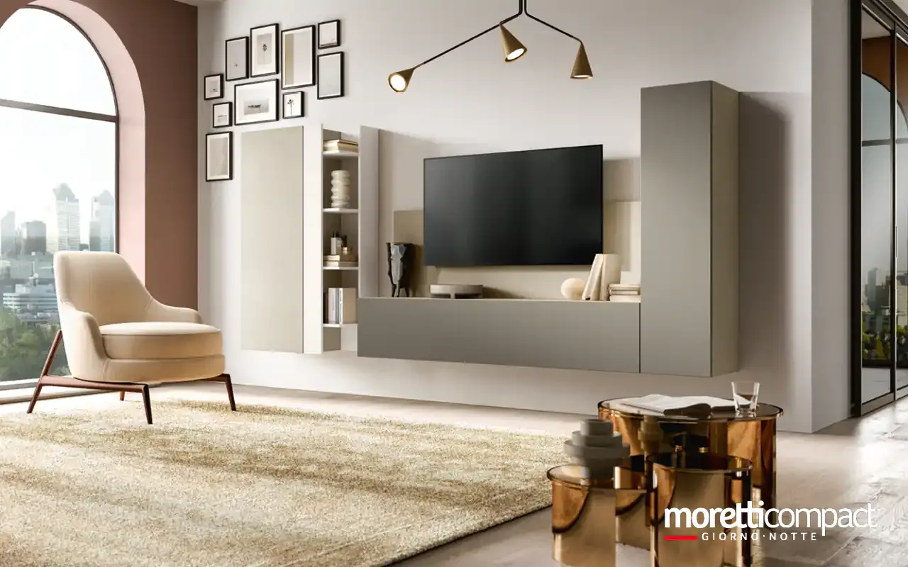 Soggiorno Kosmos KF123 Moretti Compact con colonne sospese bianca e grigia ai lati della TV