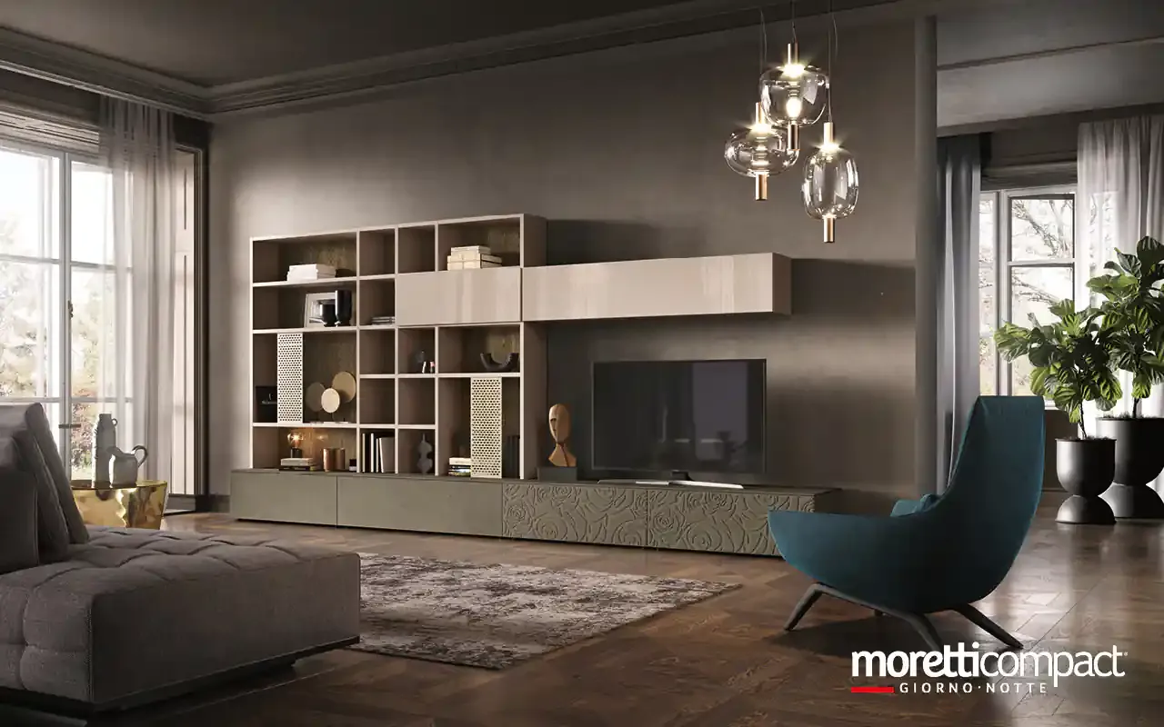 Libreria Kosmos KL201 Moretti Compact a vani a giorno con pensili chiari e basi in biomalta