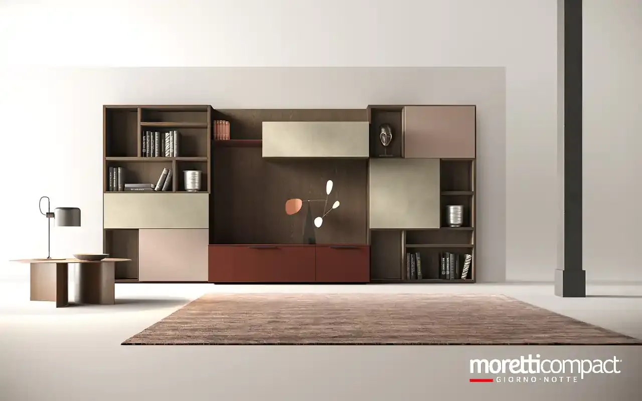 Libreria Kosmos KL202 Moretti Compact su boiserie in rovere con moduli argilla e base porpora