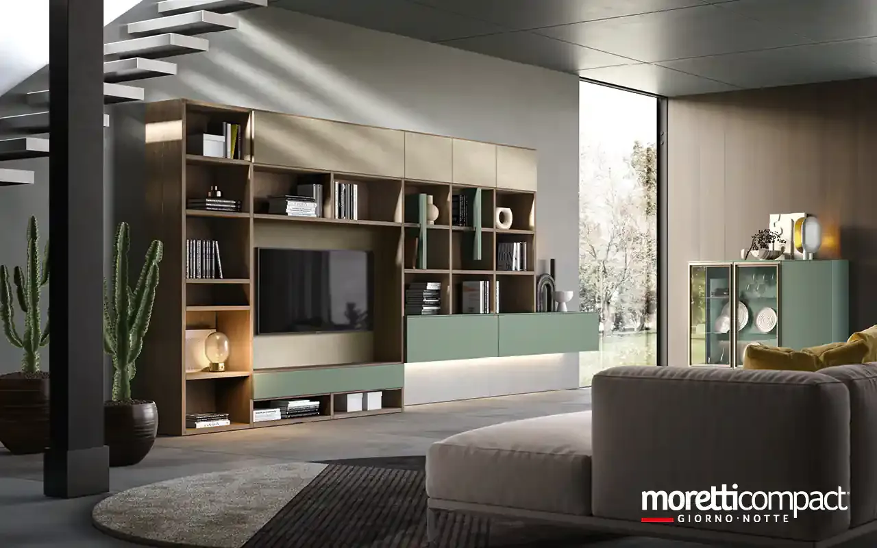 Libreria Kosmos KL205 Moretti Compact in rovere con separatori e base salvia attorno alla TV