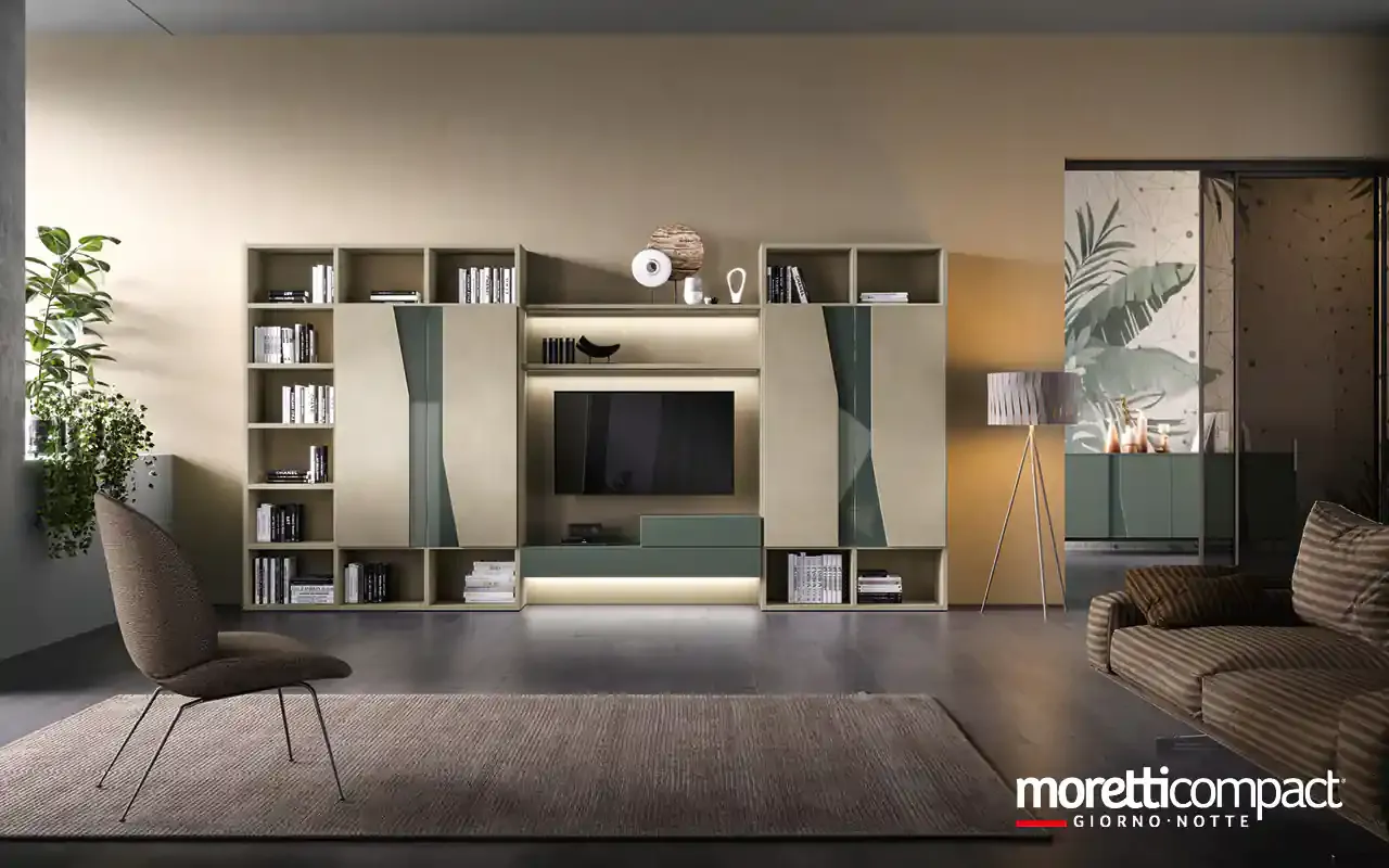 Libreria Kosmos KL209 Moretti Compact con due mobiletti ad anta Brezza ai lati della TV