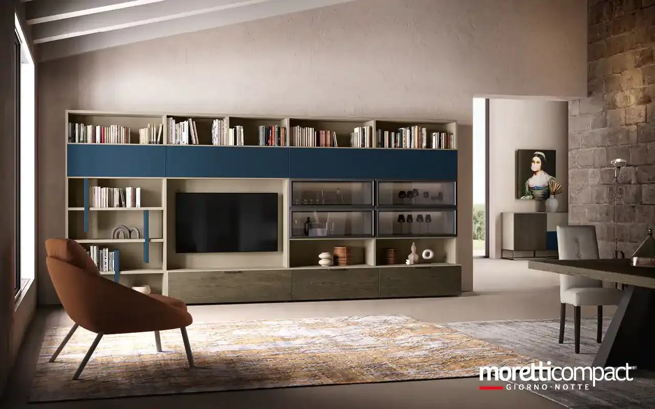 Libreria Kosmos KL210 Moretti Compact con fascia blu, vetrine e zona TV centrale