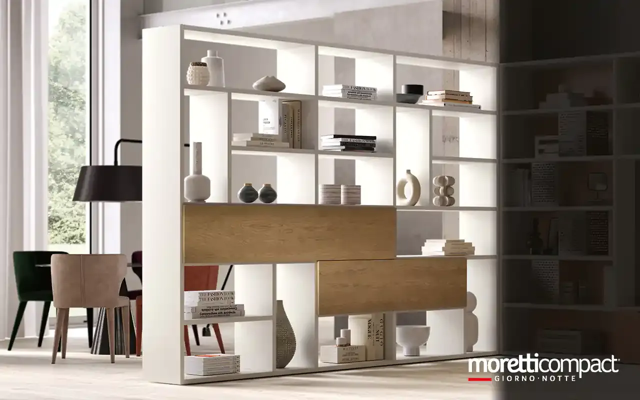 Libreria bifacciale Kosmos KL211B Moretti Compact bianca con contenitori in rovere a centro stanza