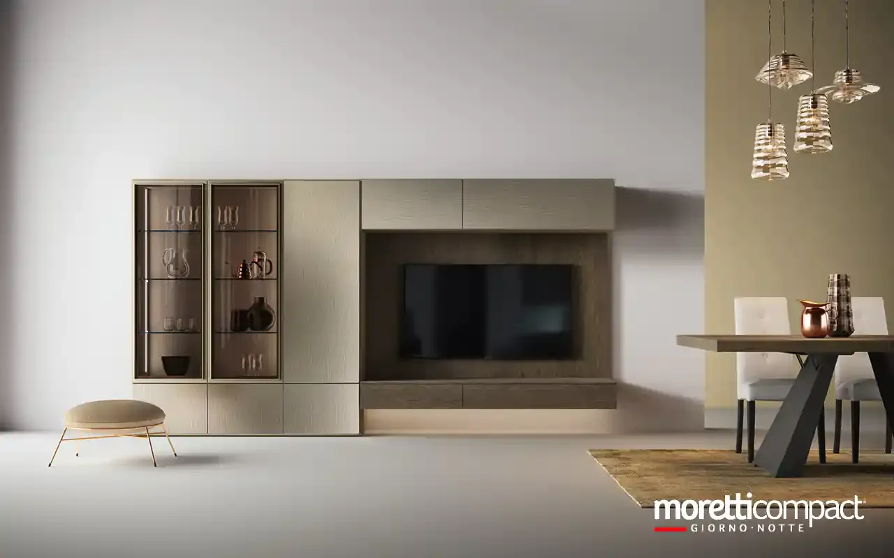 Libreria Kosmos KL212 Moretti Compact con vetrina in vetro bronzo e nicchia TV in rovere