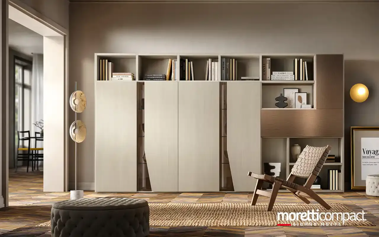 Libreria Kosmos KL213 Moretti Compact con ante Brezza chiare e vani aperti con libri