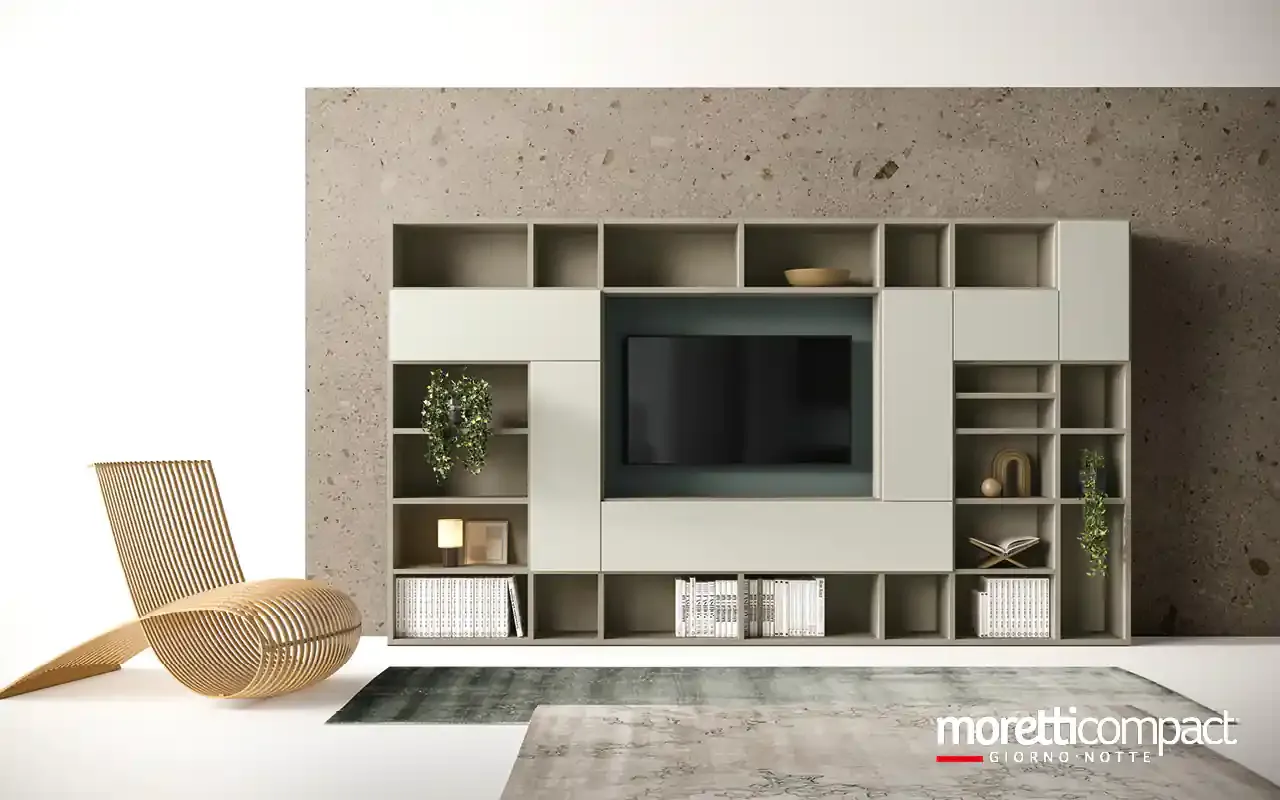 Libreria Kosmos KL214 Moretti Compact chiara con ante lucide e zona TV centrale verde scuro