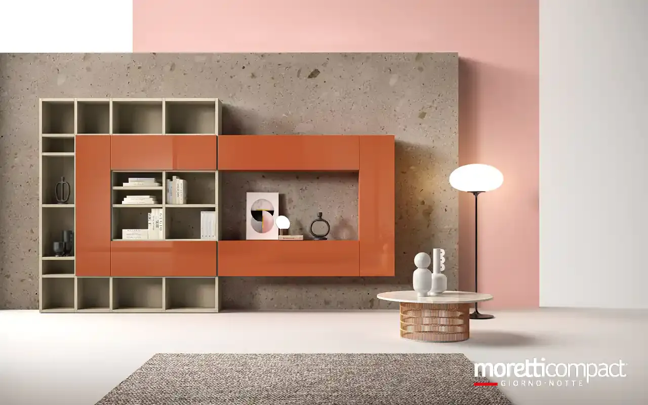 Libreria Kosmos KL216 Moretti Compact con ante lucide corallo a motivo geometrico