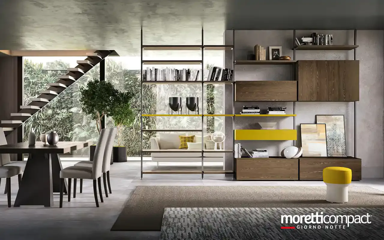 Libreria bifacciale Kosmos KL219 Moretti Compact a montanti con contenitori in rovere tra soggiorno e pranzo
