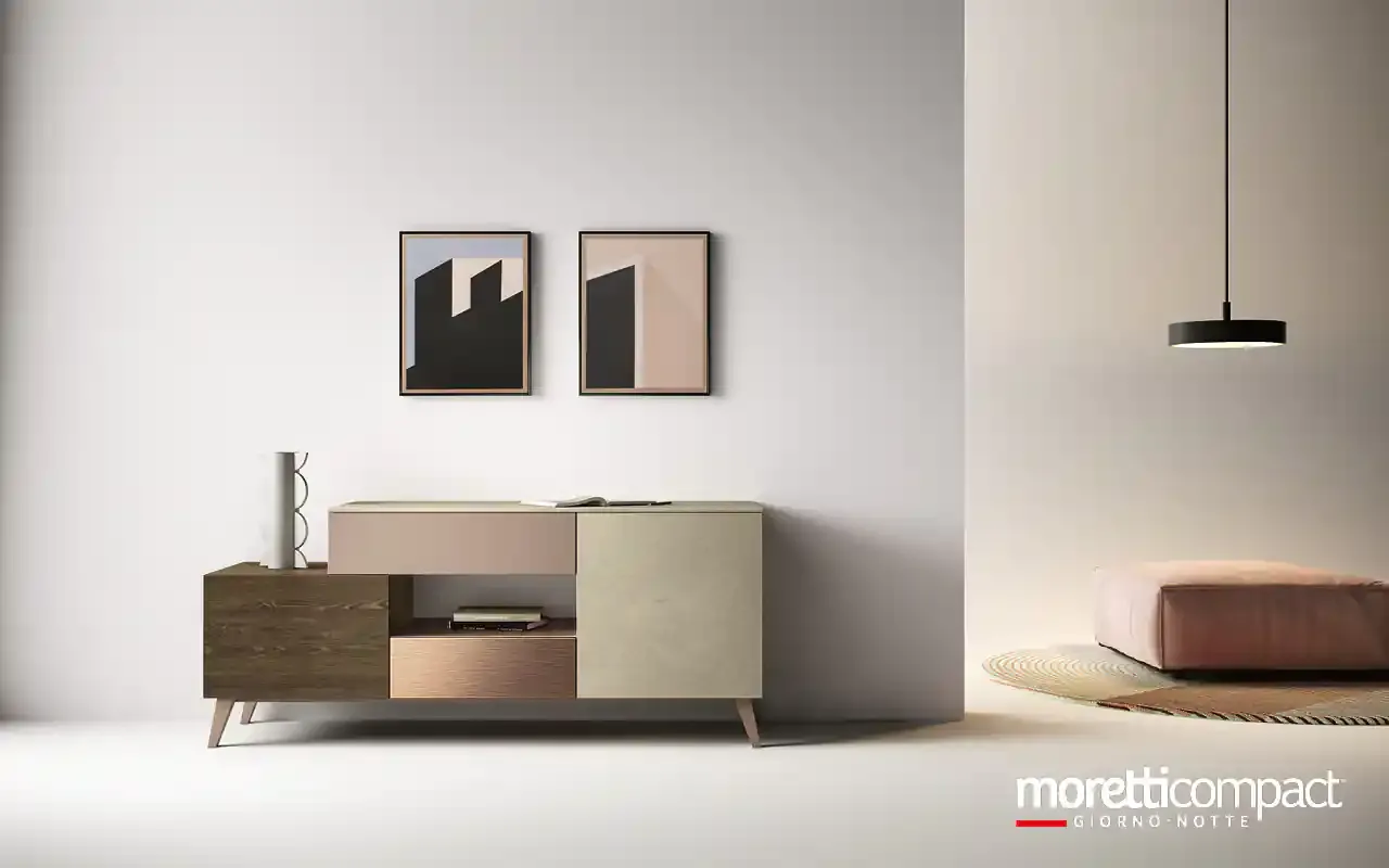 Madia Kosmos KM307 Moretti Compact con frontali in rovere, rosa e metallizzato su piedini