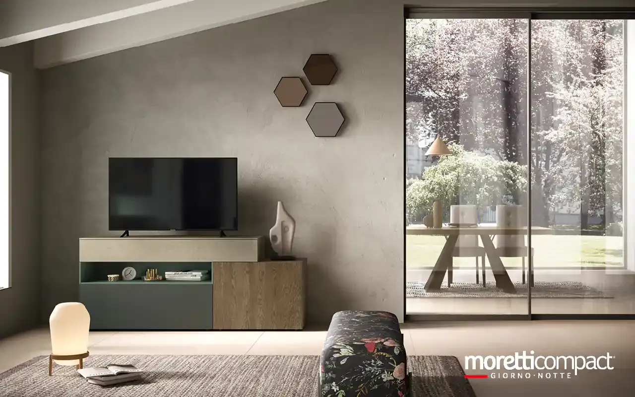 Madia Kosmos KM309 Moretti Compact bassa in ardesia e rovere sotto la TV