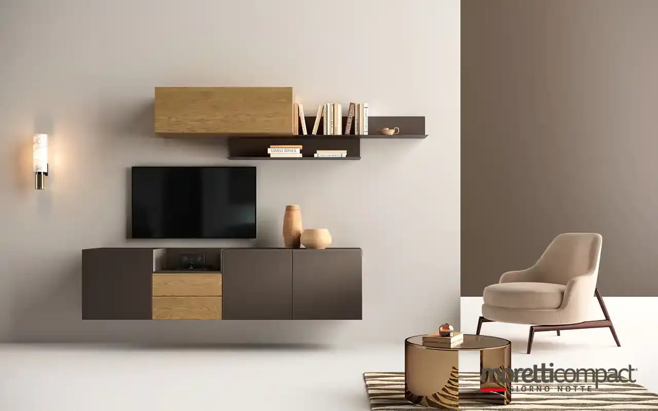 Madia sospesa Kosmos KM318 Moretti Compact in cacao con cassetti in rovere e pensili sopra