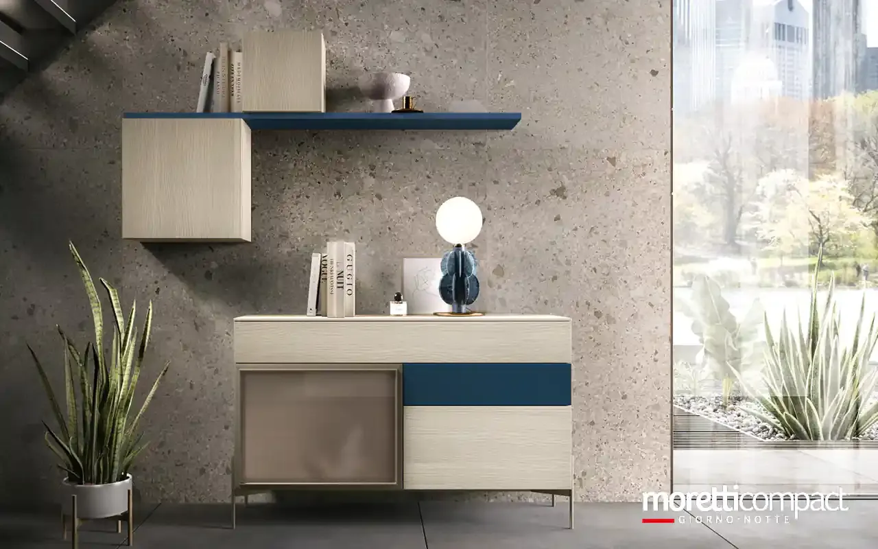 Madia Kosmos KM319 Moretti Compact chiara con vetrina, inserto blu e pensile sospeso
