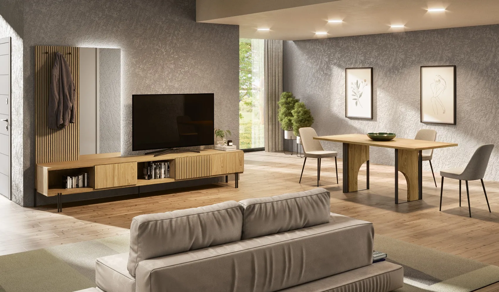Madia M25 Pizzolato bassa in rovere sotto la TV, con tavolo Nexus sullo sfondo