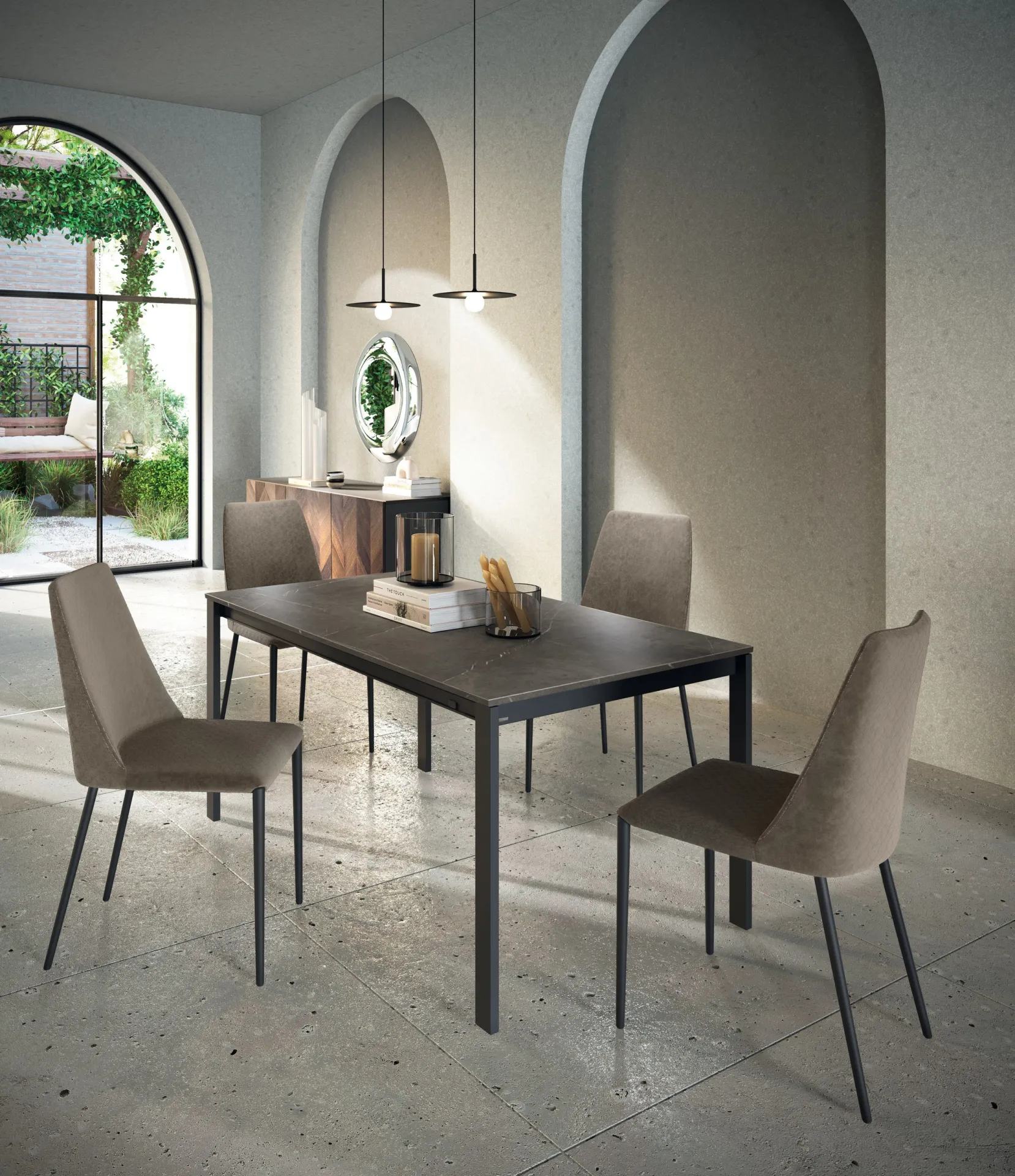 Tavolo Dimension Scavolini con piano scuro e sedie tortora in una sala con archi