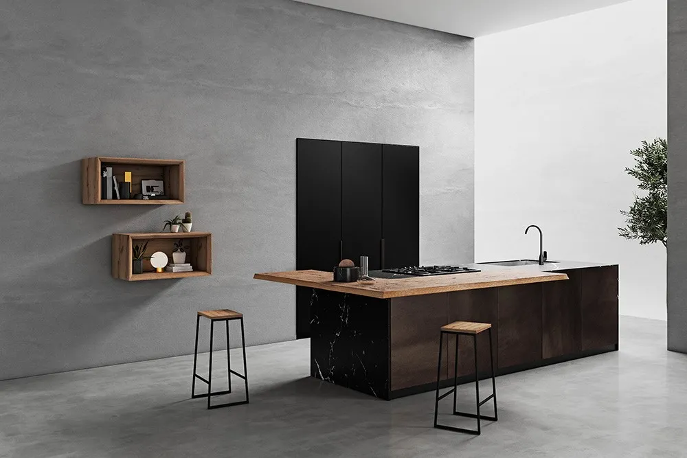 Bancone snack in briccola Wood Union Pizzolato su un'isola cucina con sgabelli