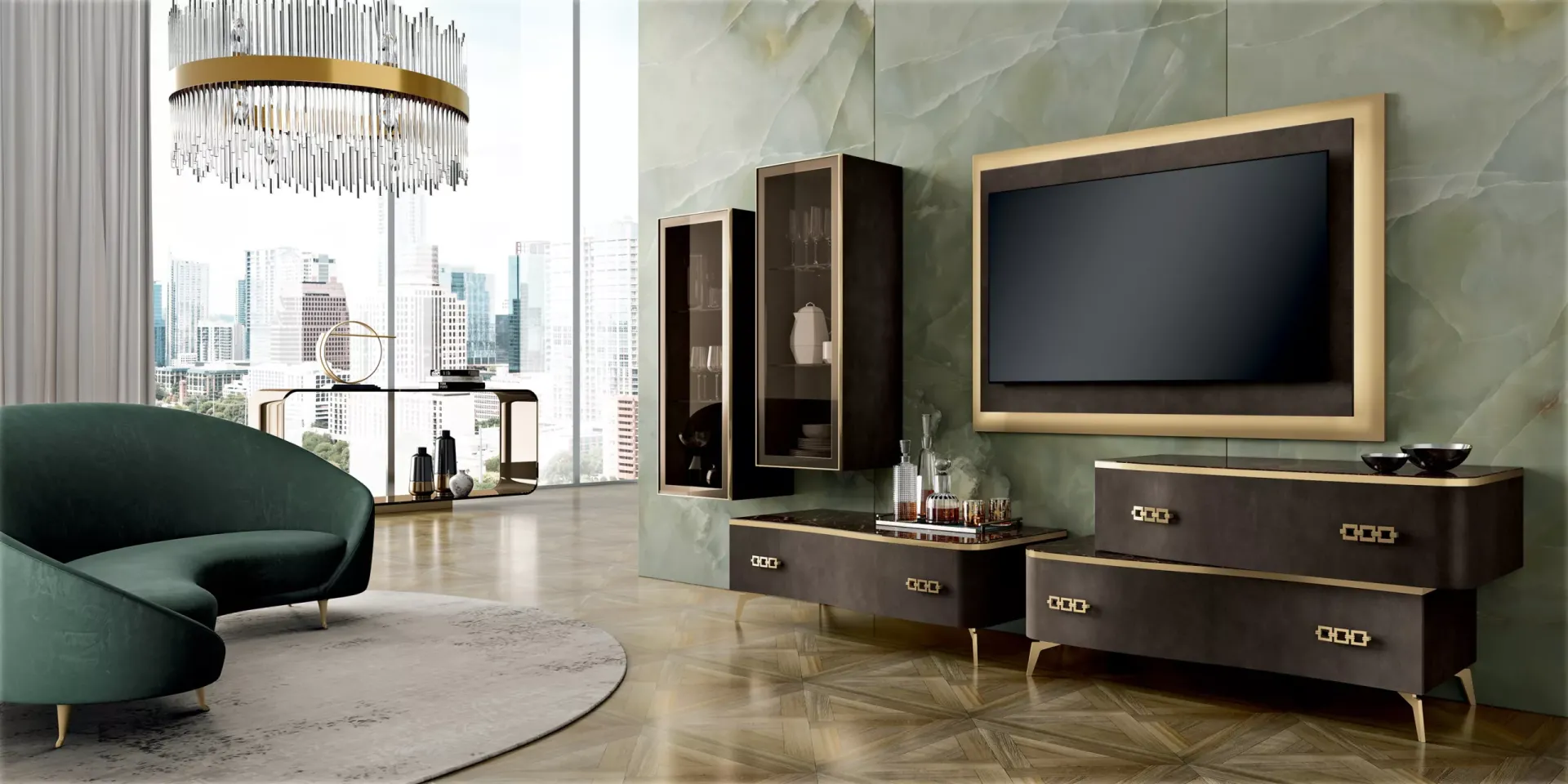 Soggiorno Deluxe Spar versione Gold con parete tv e cornice dorata
