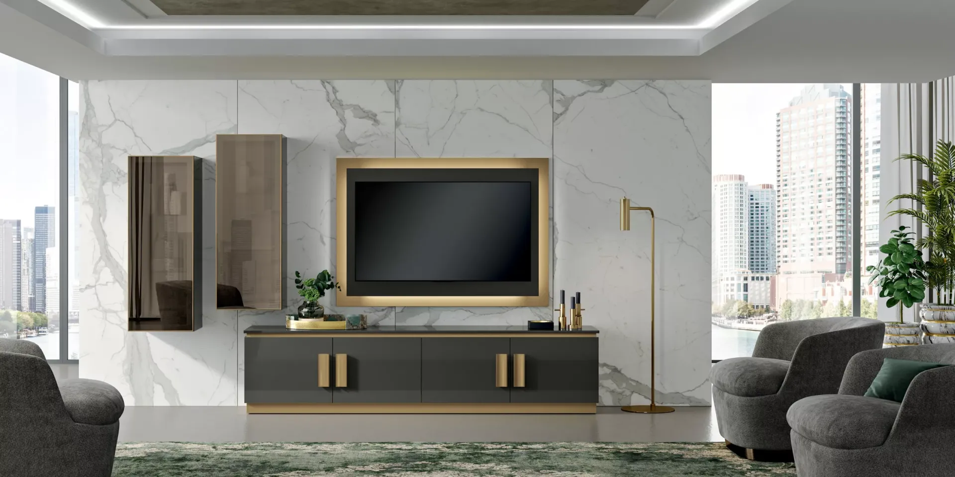 Parete living Deluxe Suite Spar con mobile tv e finiture oro