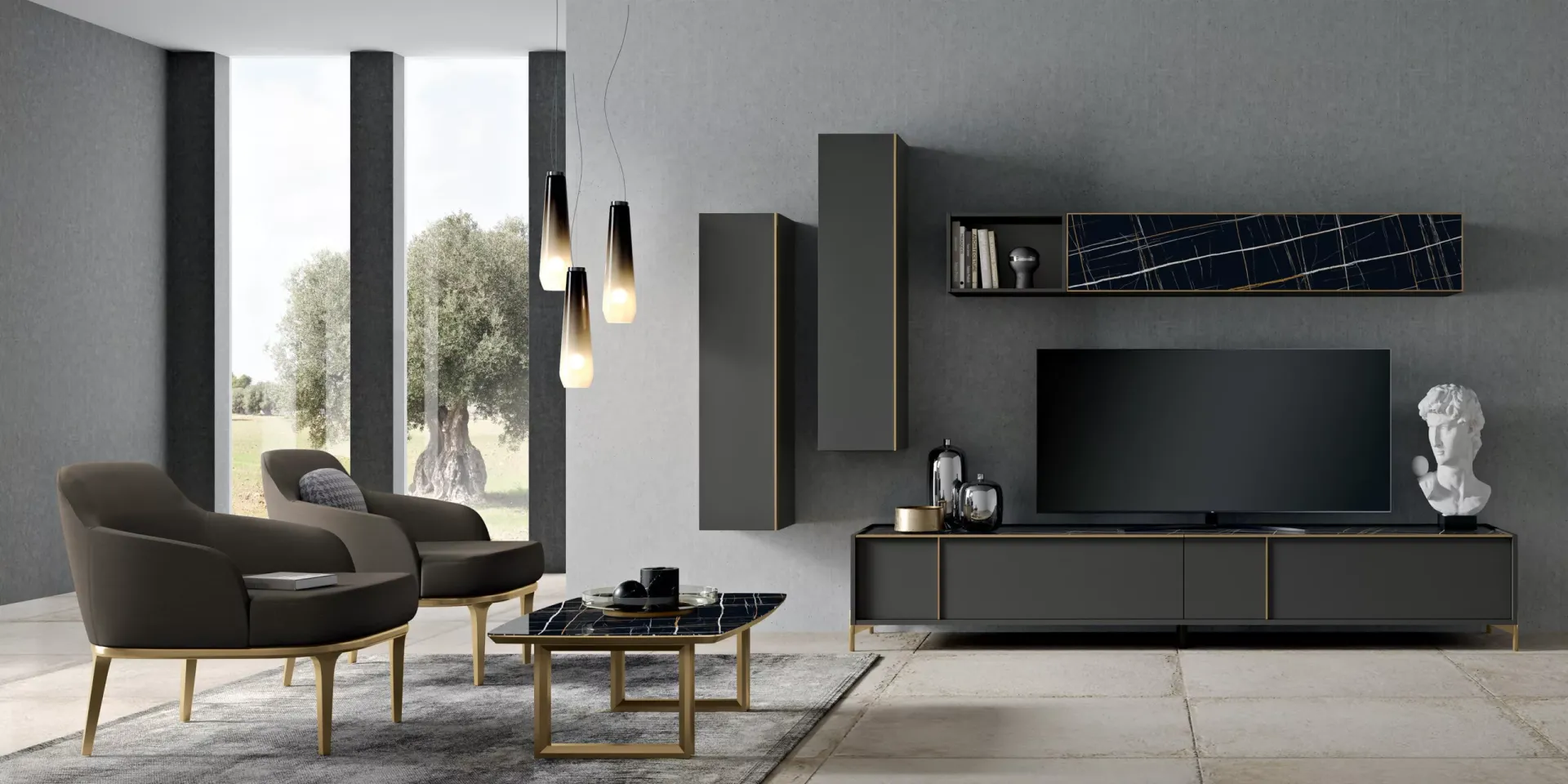 Soggiorno Deluxe Grey Spar con mobile tv sospeso e pensili
