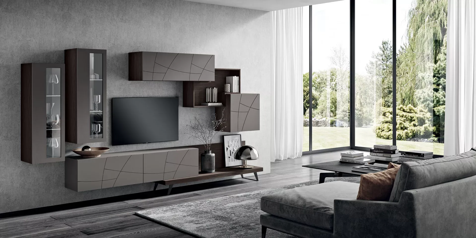 Soggiorno Lapis Spar composizione LX30 con parete tv e vetrine