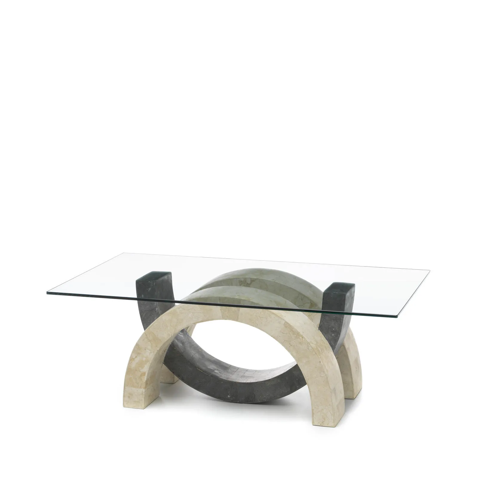 Tavolino Olimpia Stones in pietra beige e grigia ad archi su fondo bianco
