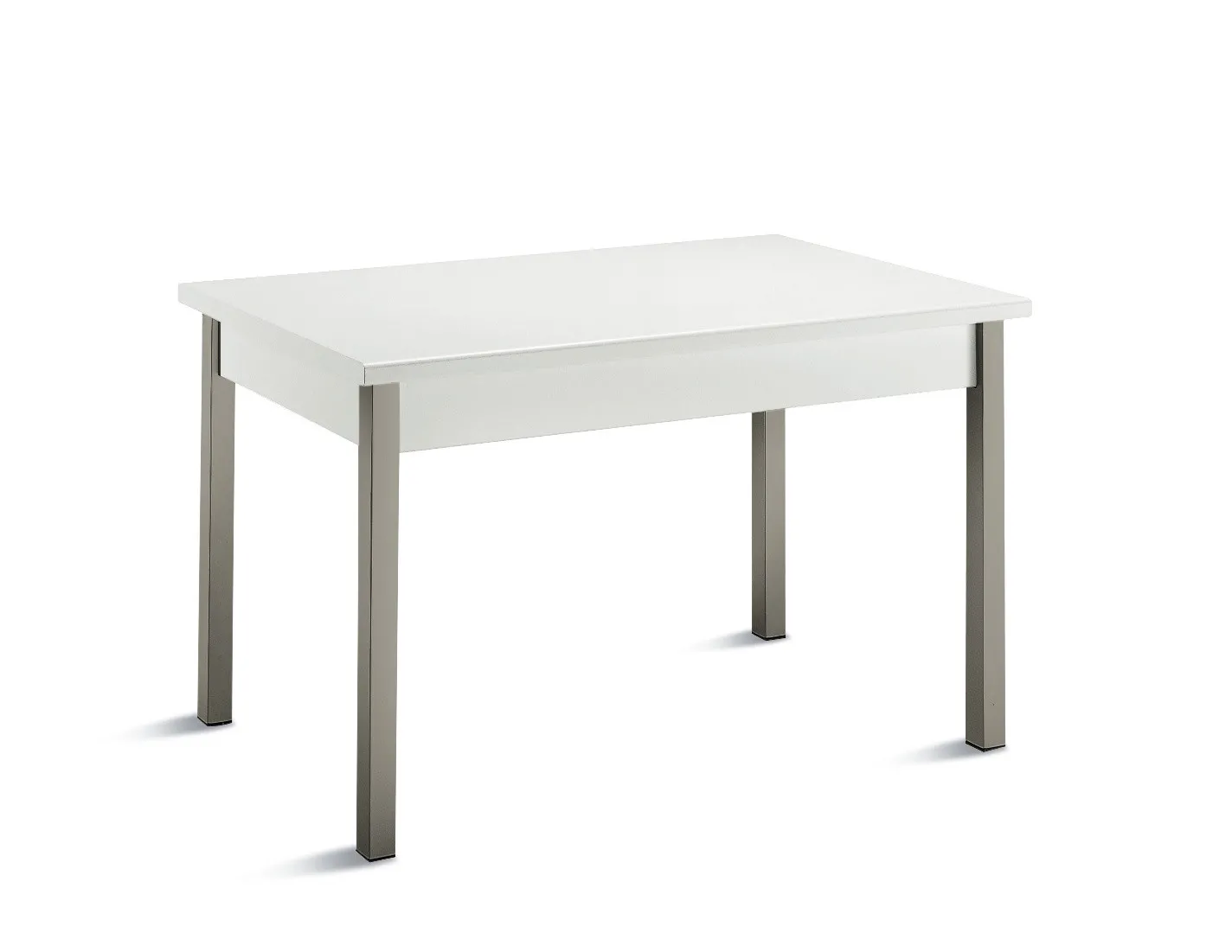 Tavolo Alis Scavolini su fondo bianco con fascia bianca e gambe quadrate grigie