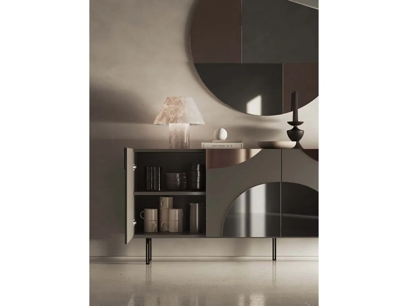 Madia Patchwork Target Point antracite con anta aperta e specchio rotondo sopra