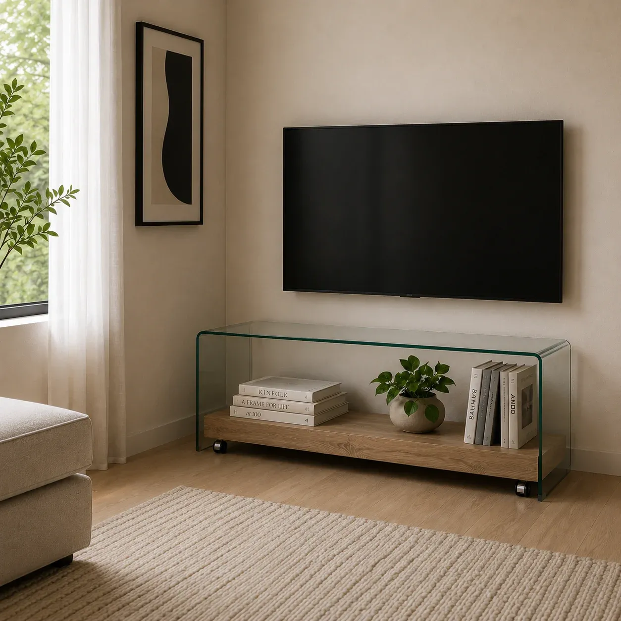 Mobile porta TV Noa Tomasucci in vetro curvato in un soggiorno