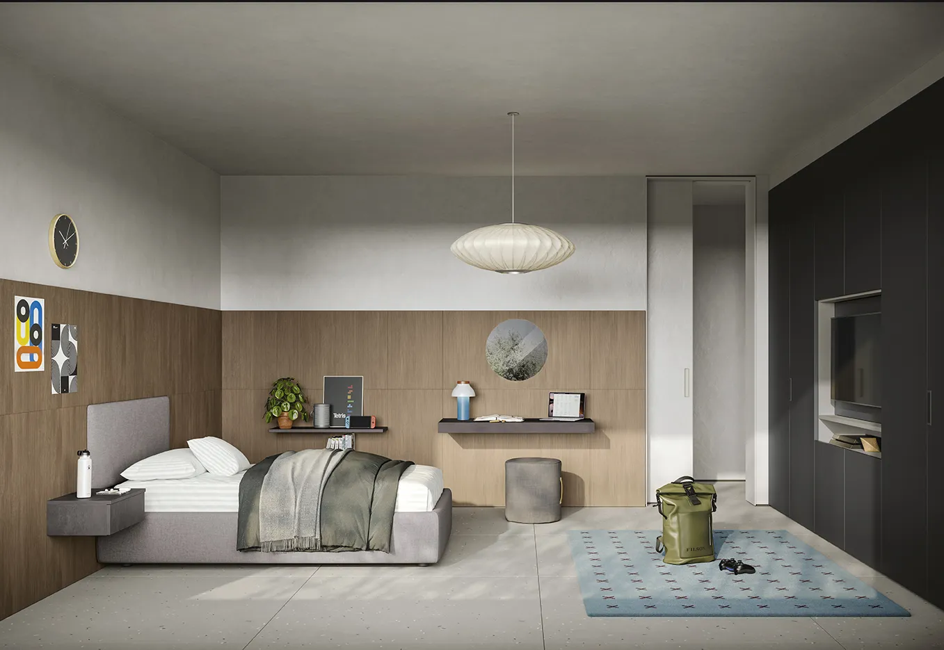 Camera ragazzi Golf Young's Space Colombini con boiserie in legno Darsena, scrittoio sospeso e armadio scuro con tv
