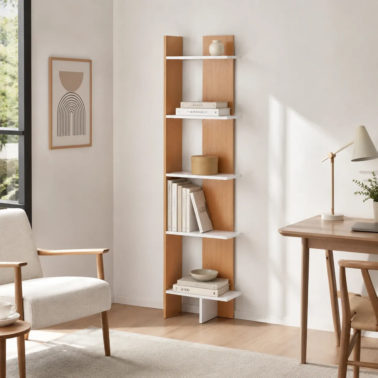 Libreria a colonna Tower-A Tomasucci bianca e rovere in un angolo del soggiorno