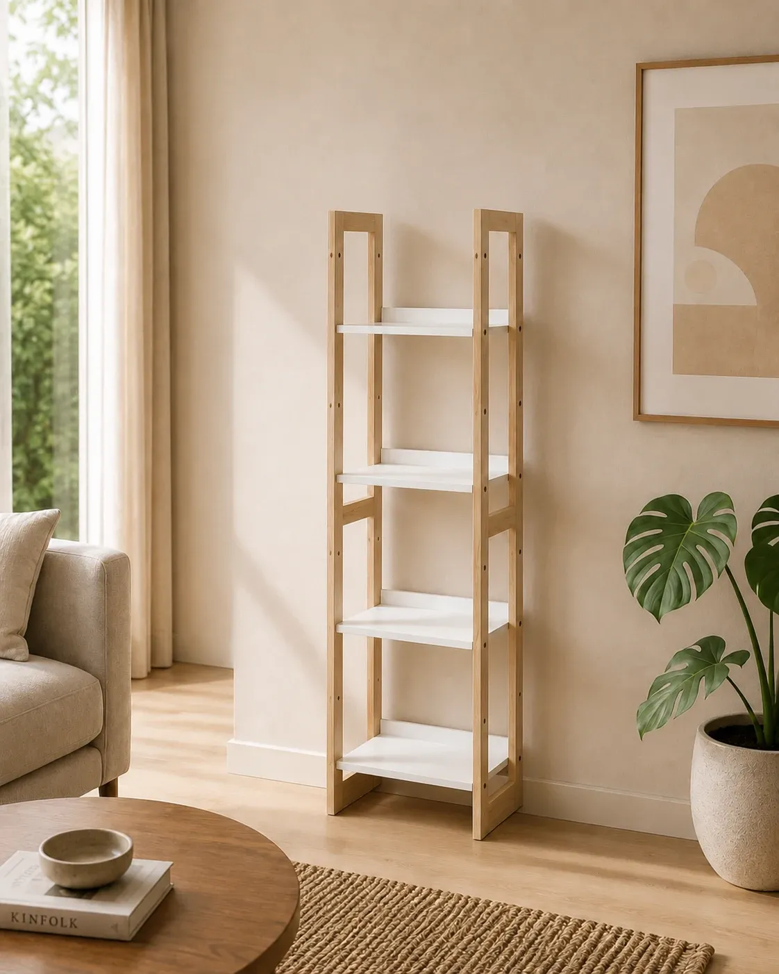 Libreria a colonna Varm Tomasucci in rovere e bianco in soggiorno
