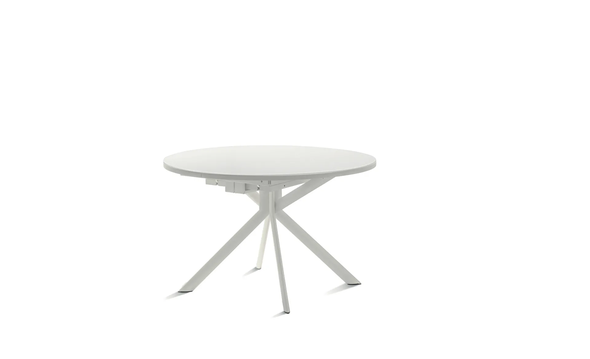 Tavolo Hover Scavolini rotondo bianco su fondo bianco, con gambe incrociate in metallo