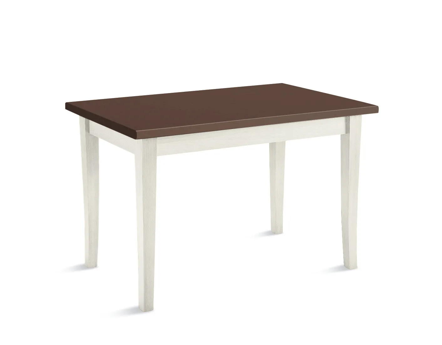 Tavolo Margot Scavolini su fondo bianco, con gambe bianche rastremate e piano color noce
