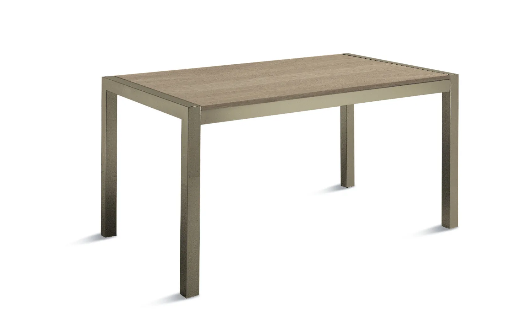 Tavolo Quadrifoglio Scavolini su fondo bianco, con telaio tortora e piano effetto legno