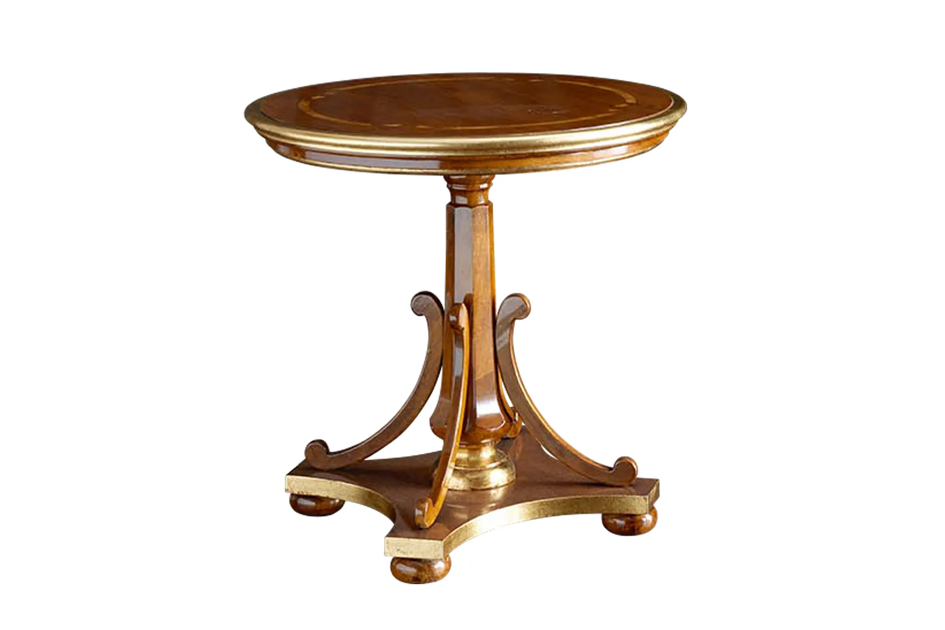 Tavolino rotondo Tosato 11.53 Gold con base sagomata e piedini dorati, scontornato