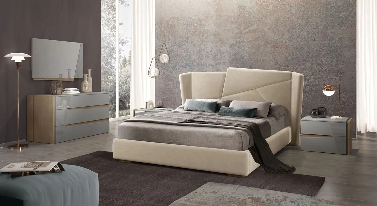 Camera con comò Time Adriatica grigio e legno, specchiera e letto imbottito